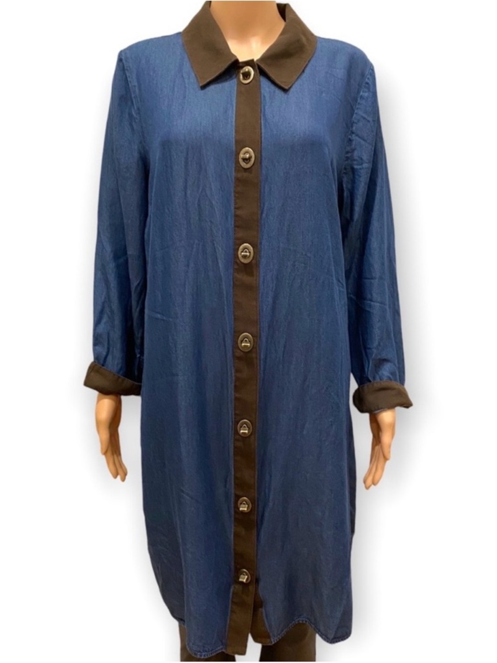 Soft Surroundings Blue Dress with Brown Trim - Picture 2 of 12
